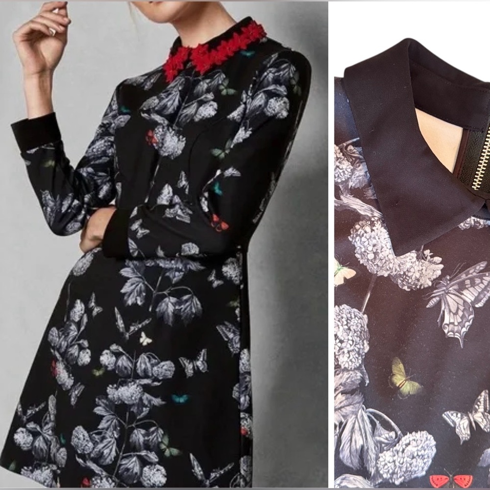 TED BAKER Amaliia Narrnia Black Butterfly Mini Dress w Black Satin Collar